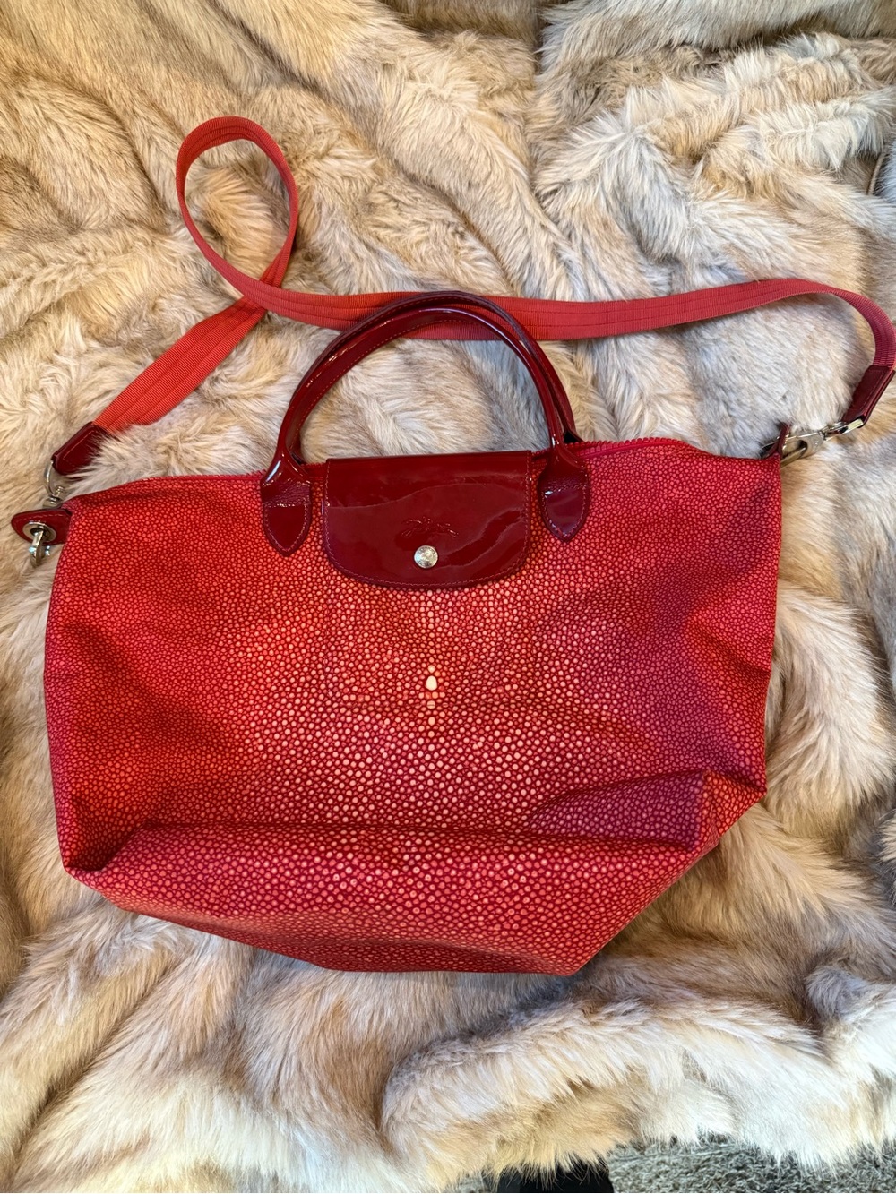 Longchamp Red Convertible Tote with Gloss Flap